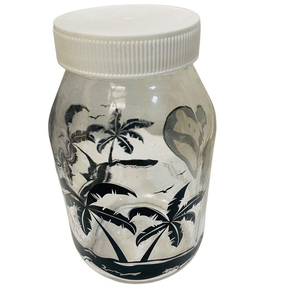 Vintage California Glass Jar With White Screw‎ Lid & Palm Tree Design 7"